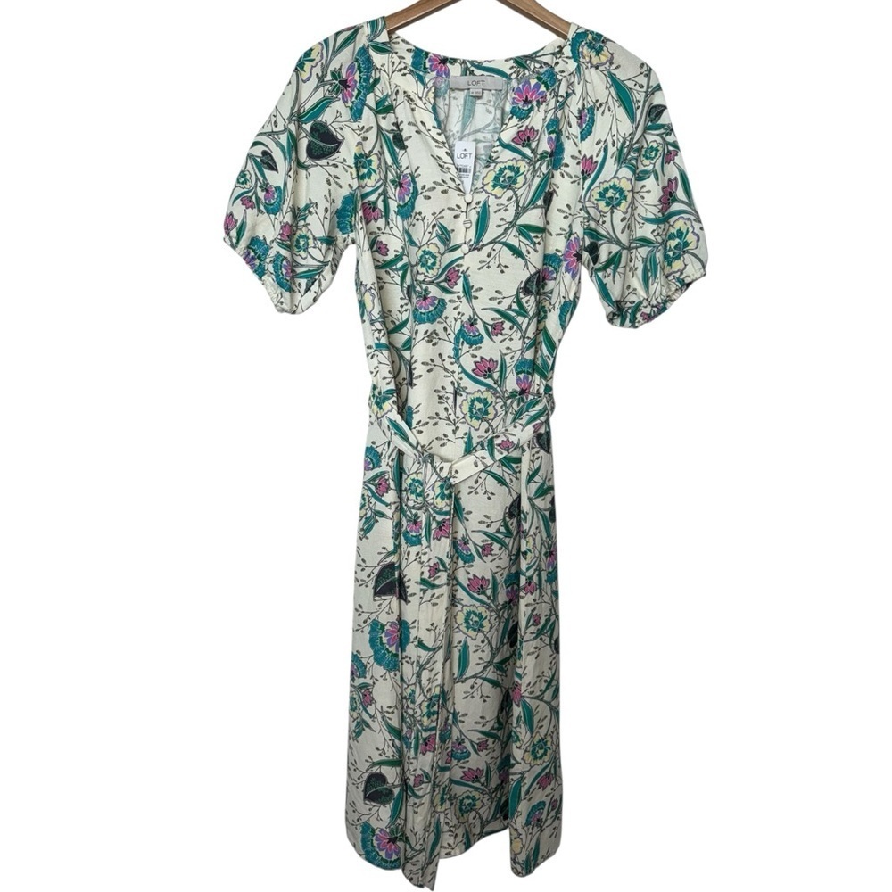 LOFT NWT Floral Linen Blend V-Neck Puff Sleeve Midi Dress Cream Short Sleeve XS